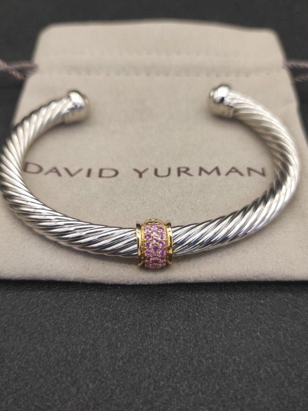David Yurman 7mm Silver Gold Bead Pink Diamond Bracelet